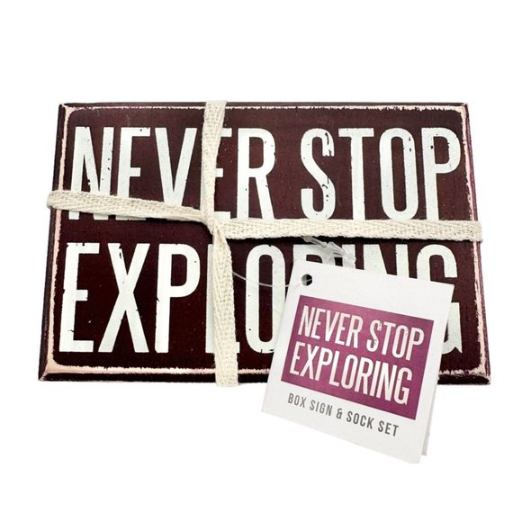 Primitives by Kathy 'Never Stop Exploring' Box Sign & Orange Socks Set NWT - Picture 1 of 10